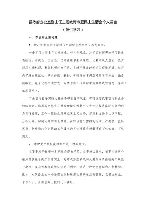 县政府办公室副主任主题教育专题民主生活会个人发言.docx