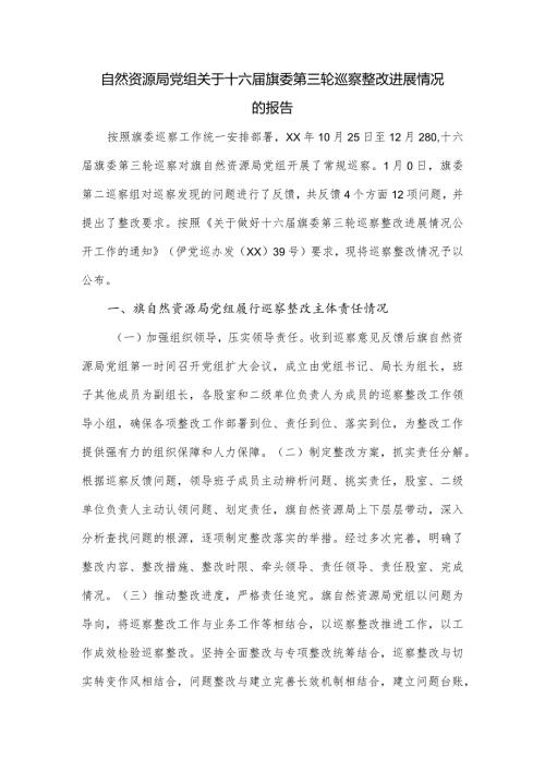 自然资源局党组关于十六旗委第三轮巡察整改进展情况的报告.docx