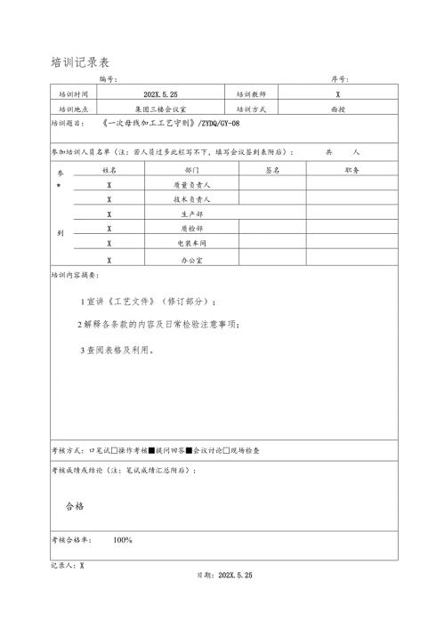 XX工业机修厂一次母线加工工艺守则培训记录表（2023年）.docx