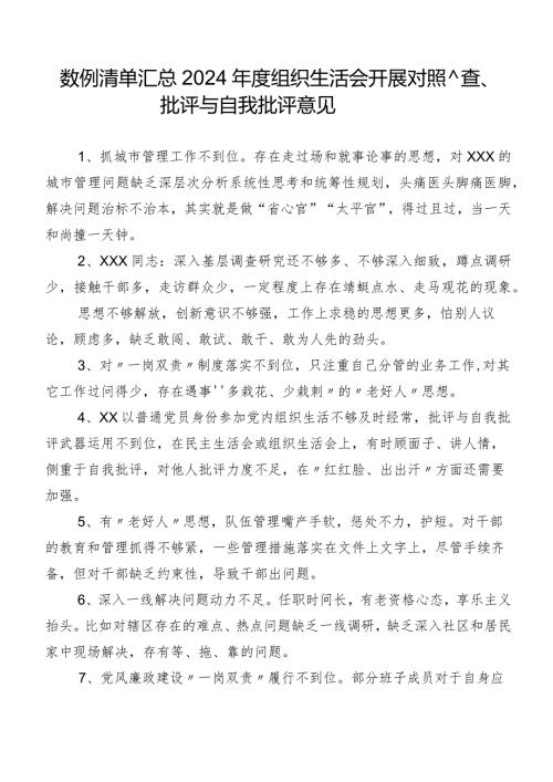 数例清单汇总2024组织生活会开展对照检查、批评与自我批评意见.docx