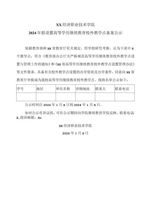 XX经济职业技术学院2024年拟设置高等学历继续教育校外教学点备案公示（2024年）.docx