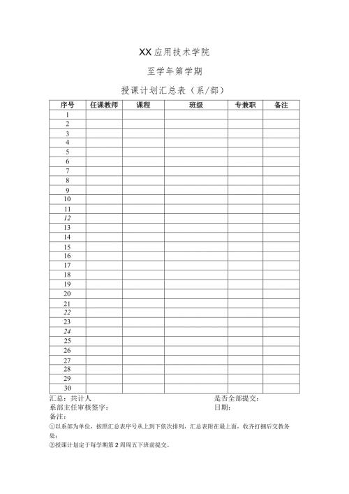 XX应用技术学院XXX学期授课计划汇总表（2024年）.docx