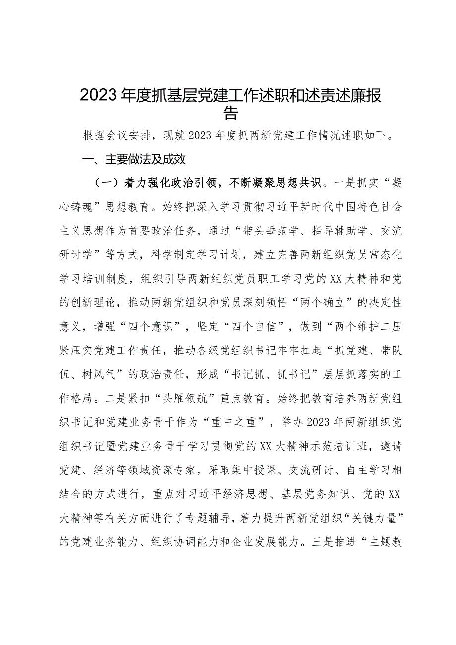县委两新工委2023抓基层党建工作述职和述责述廉报告.docx_第1页