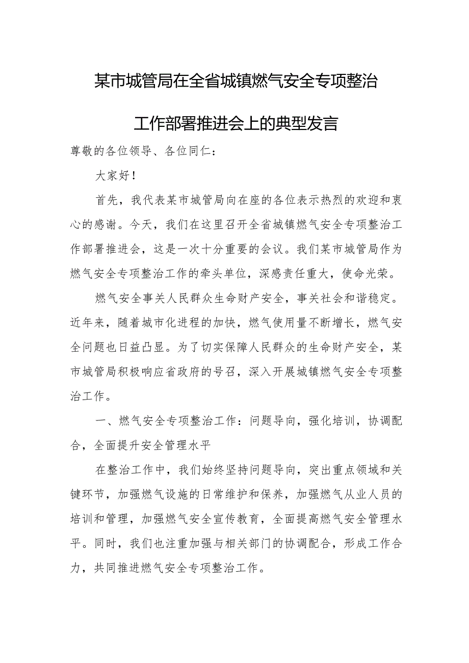 某市城管局在全省城镇燃气安全专项整治工作部署推进会上的典型发言.docx_第1页