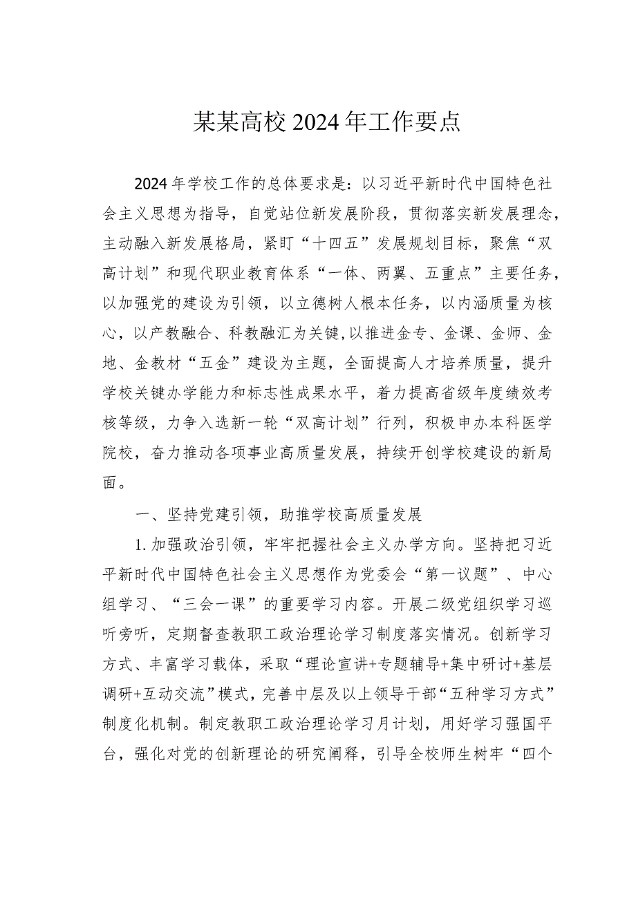 某某高校2024年工作要点.docx_第1页