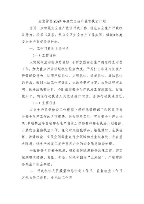 应急管理2024安全生产监管执法计划.docx