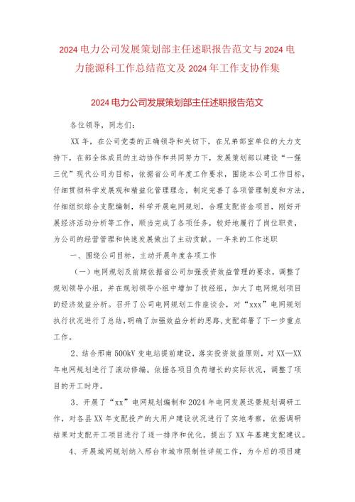 2024电力公司发展策划部主任述职报告范文与2024电力能源科工作总结范文及2024年工作计划合集.docx