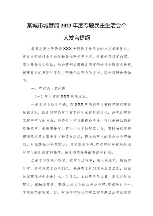 某城市城管局2023专题民主生活会个人发言提纲.docx