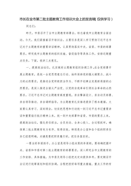 市长在全市第二批主题教育工作培训大会上的发言稿.docx