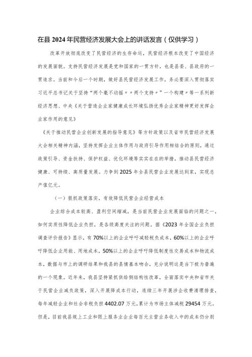 在县2024年民营经济发展大会上的讲话发言.docx
