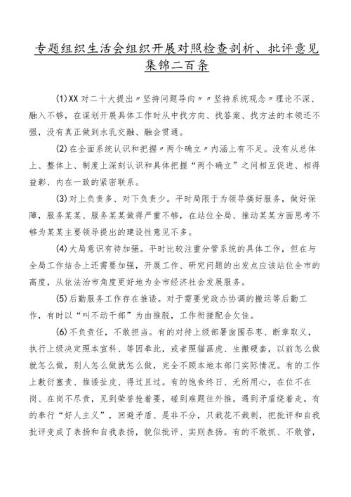 专题组织生活会组织开展对照检查剖析、批评意见集锦二百条.docx