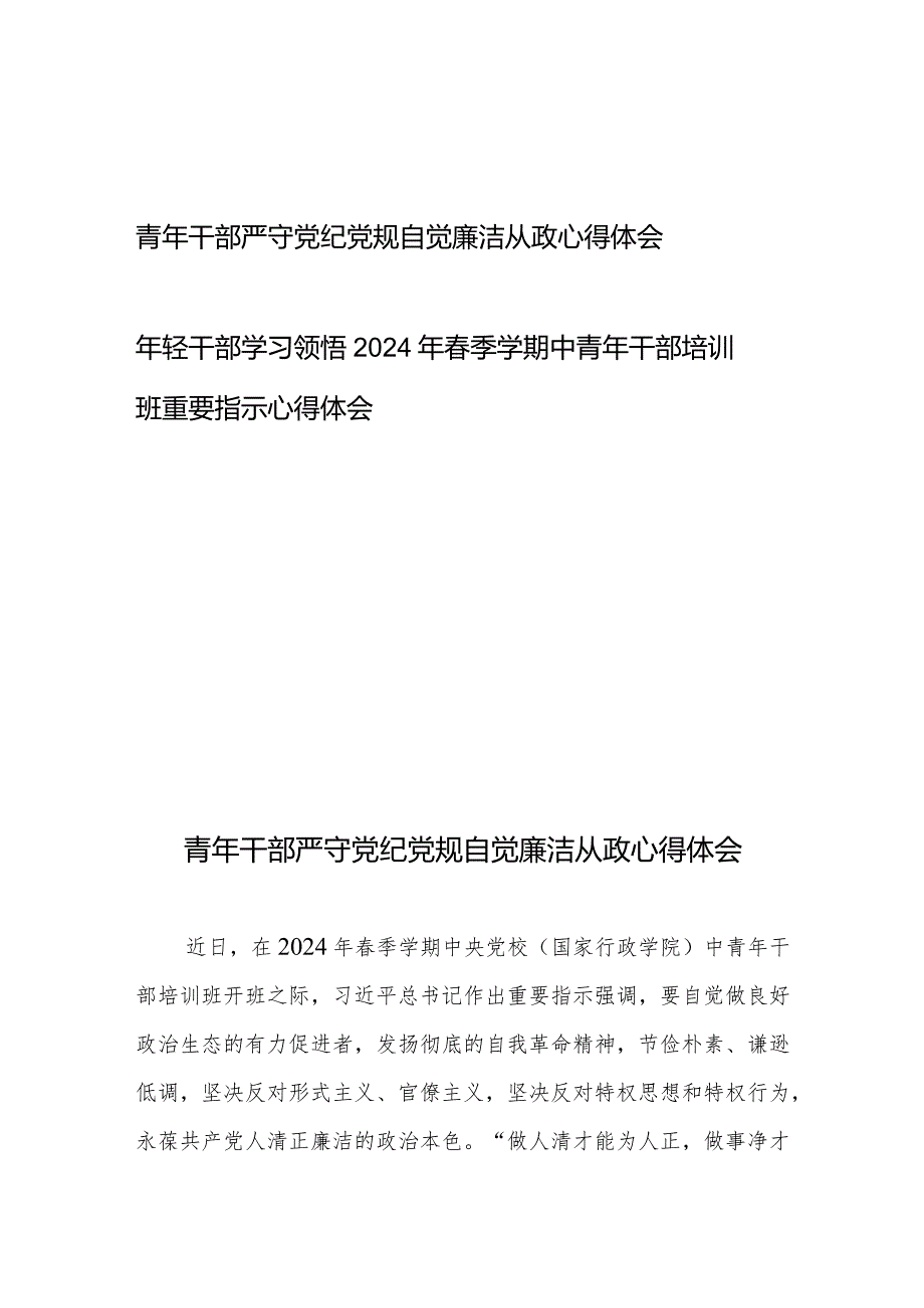 青年干部严守党纪党规自觉廉洁从政心得体会+年轻干部学习领悟2024年季学期中青年干部培训班重要指示心得体会.docx_第1页