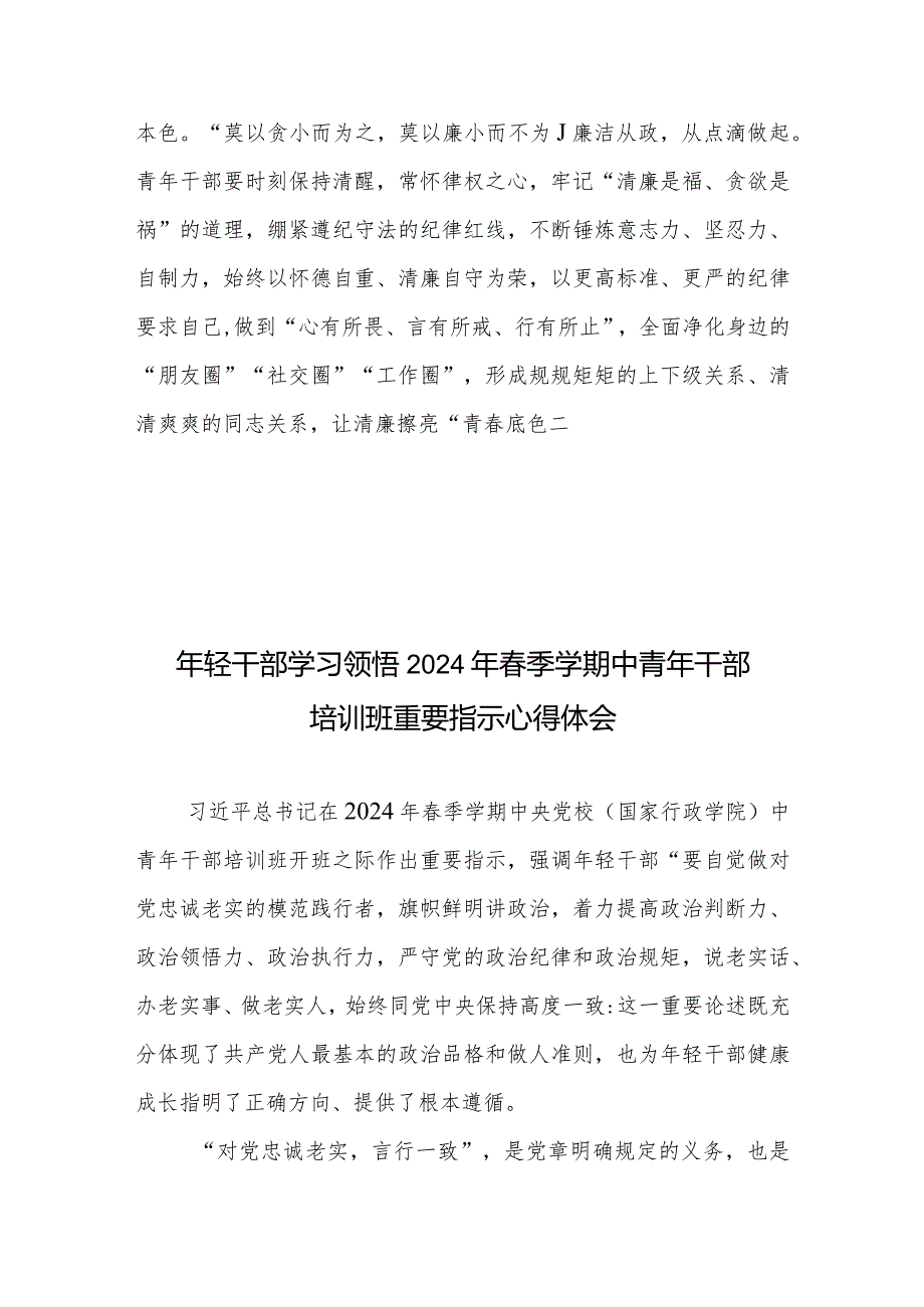 青年干部严守党纪党规自觉廉洁从政心得体会+年轻干部学习领悟2024年季学期中青年干部培训班重要指示心得体会.docx_第3页