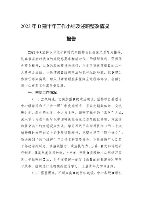 2023年党建半年工作小结及述职整改情况报告.docx