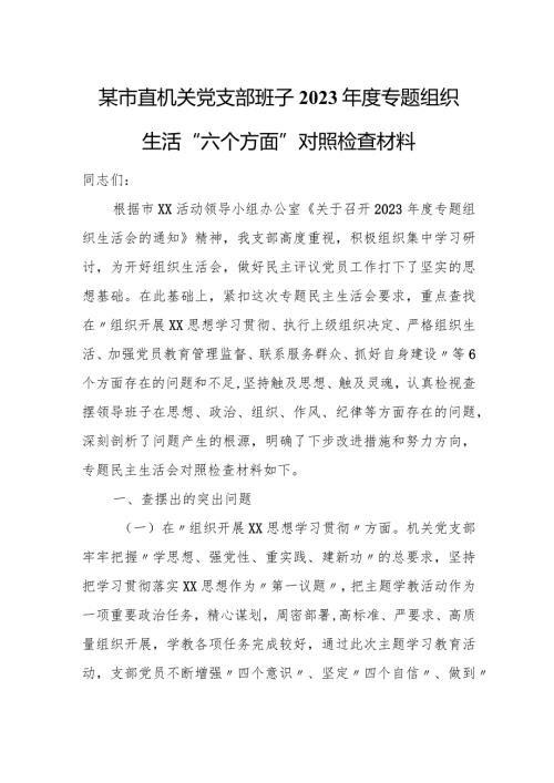 某市直机关党支部班子2023专题组织生活“六个方面”对照检查材料.docx