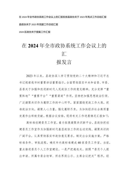（4篇）在2024年全市政协系统工作会议上的报告发言党建工作总结.docx