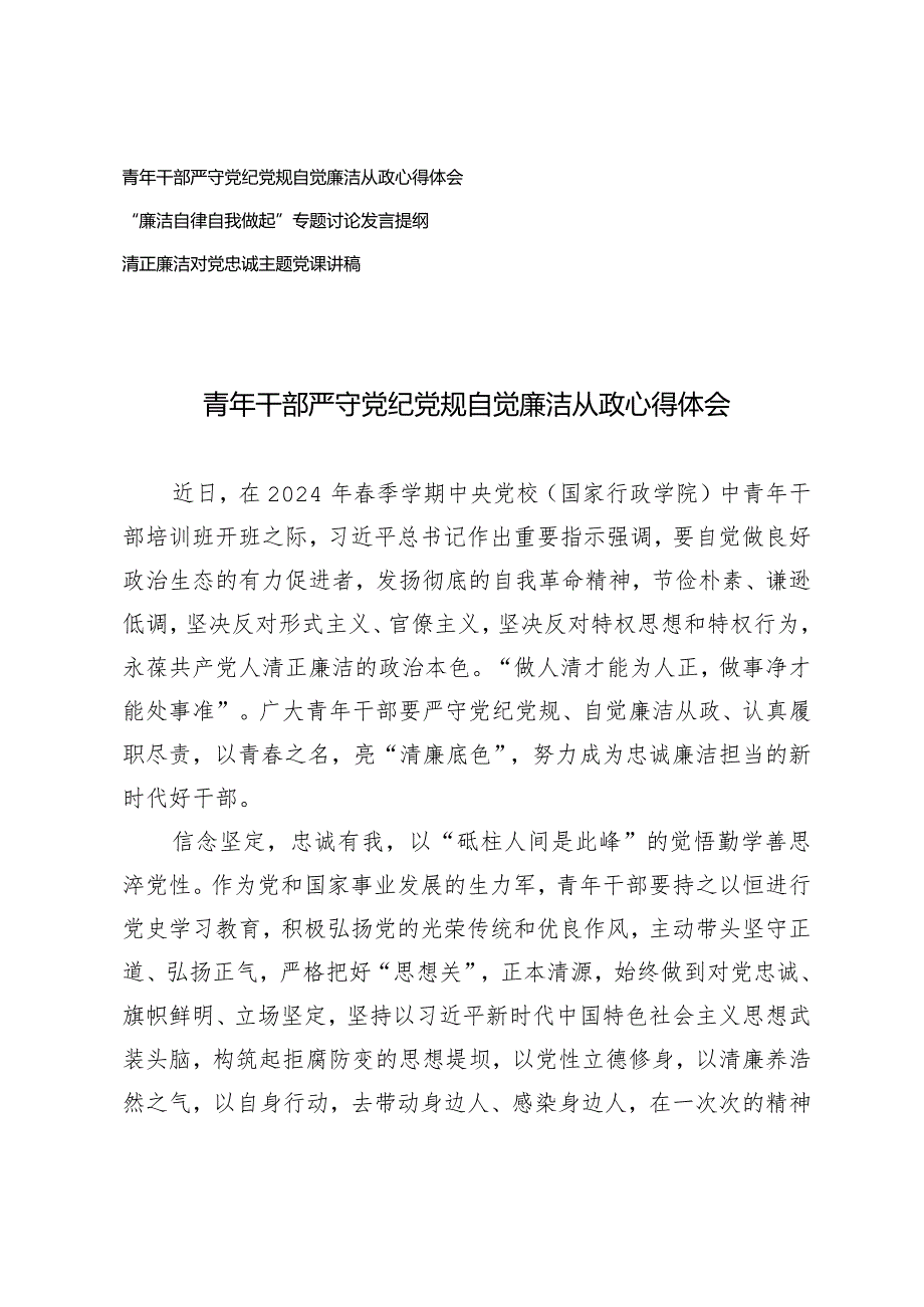（3篇）青年干部严守党纪党规自觉廉洁从政心得体会清正廉洁对党忠诚主题党课讲稿.docx_第1页