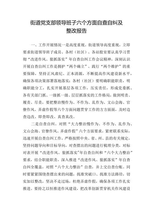 街道党支部领导班子六个方面自查自纠及整改报告.docx