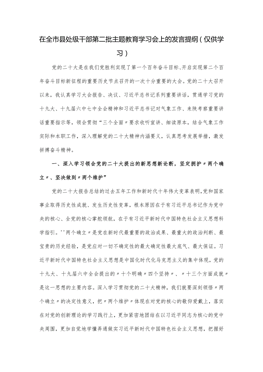在全市县处级干部第二批主题教育学习会上的发言提纲.docx_第1页
