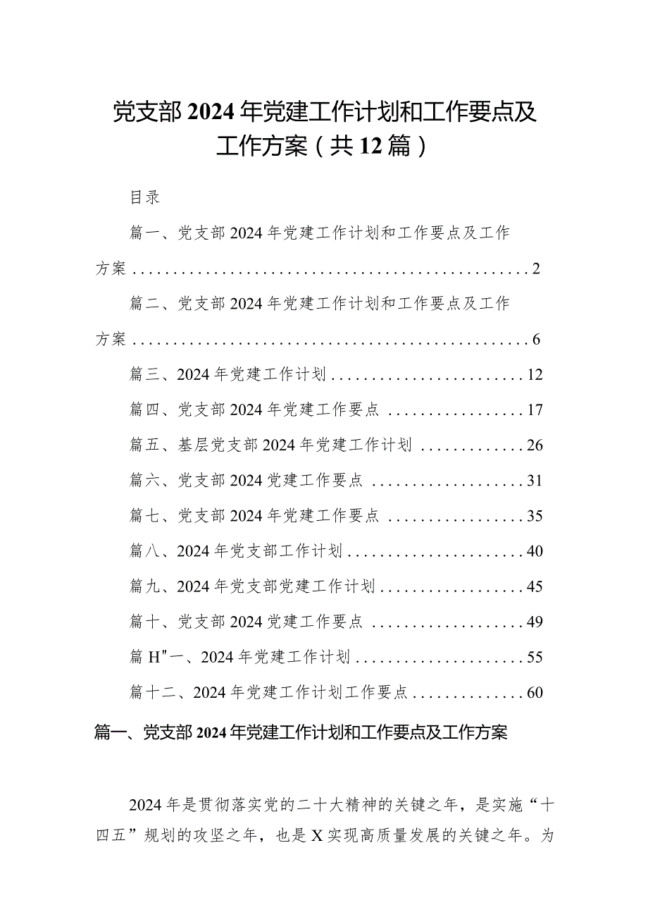 党支部2024年党建工作计划和工作要点及工作方案（共12篇）.docx_第1页