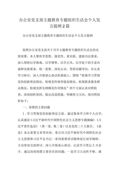 办公室党支部主题教育专题组织生活会个人发言提纲2篇.docx