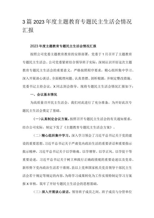 3篇2023主题教育专题民主生活会情况汇报.docx