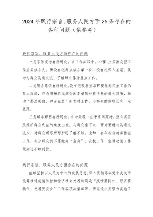 2024年践行宗旨、服务人民方面25条存在的各种问题（供参考）.docx