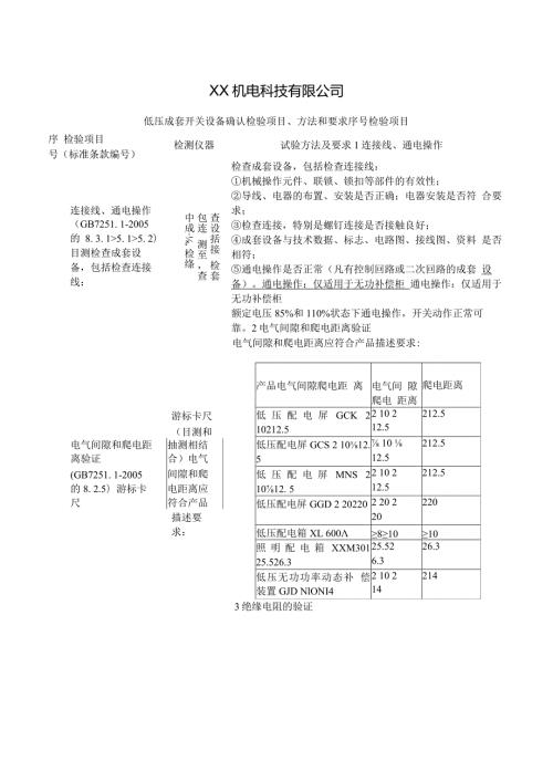 XX机电科技有限公司低压成套开关设备确认检验项目、方法和要求（2024年）.docx