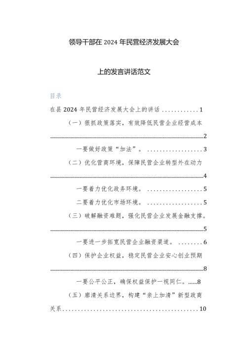 领导干部在2024年民营经济发展大会上的发言讲话范文.docx