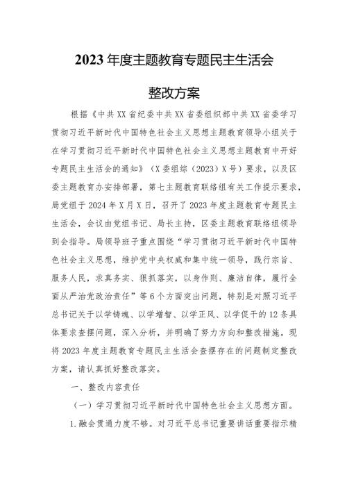 2023主题教育专题民主生活会整改方案.docx