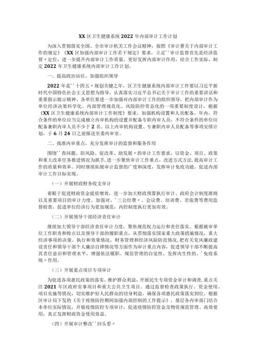 区卫生健康系统2022年内部审计工作计划.docx