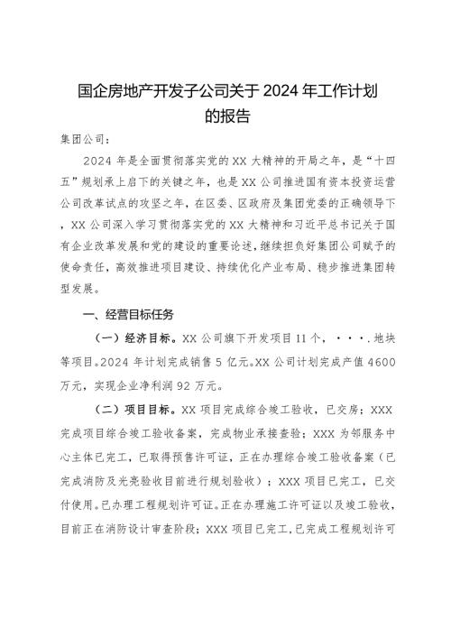 国企房地产开发子公司关于2024年工作计划的报告.docx