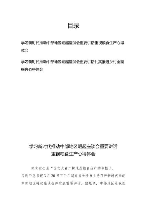 学习新时代推动中部地区崛起座谈会重要讲话重视粮食生产、扎实推进乡村全面振兴心得体会.docx