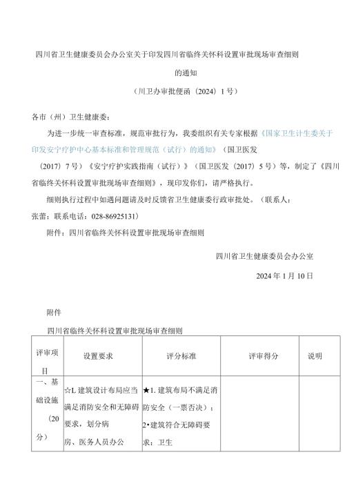四川省卫生健康委员会办公室关于印发四川省临终关怀科设置审批现场审查细则的通知.docx