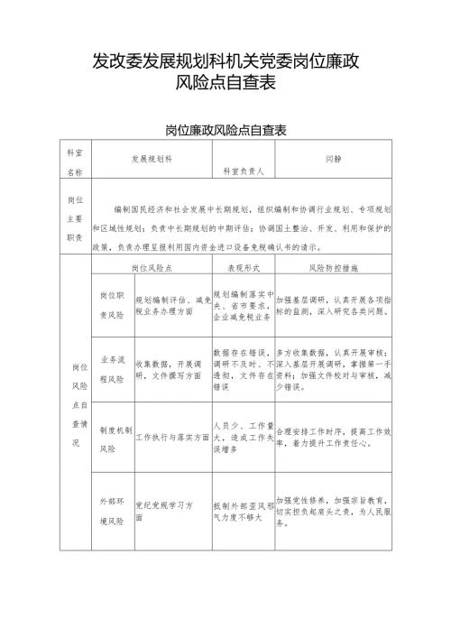 发改委发展规划科机关党委岗位廉政风险点自查表.docx