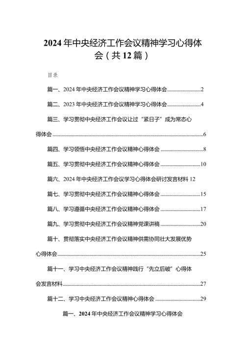 2024年中央经济工作会议精神学习心得体会12篇供参考.docx