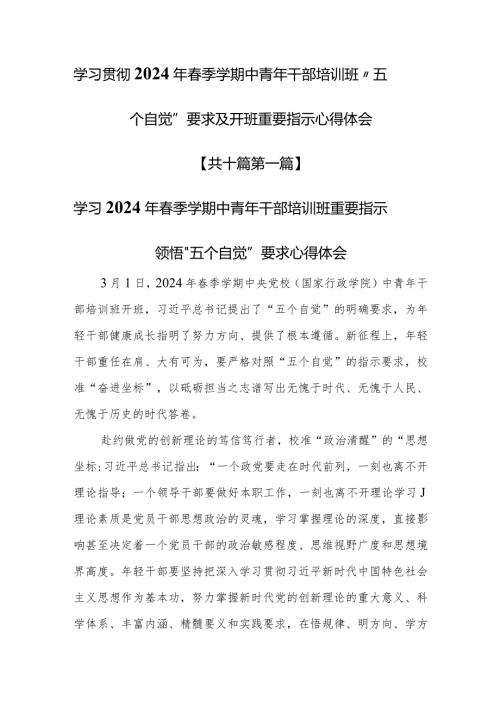 （10篇）学习贯彻2024年季学期中青年干部培训班“五个自觉”要求及开班重要指示心得体会.docx