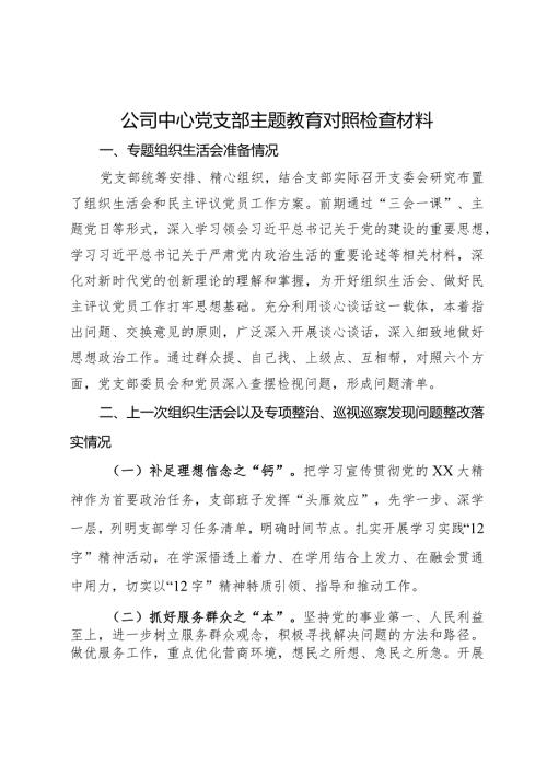 公司中心党支部主题教育民主生活会对照检查材料.docx