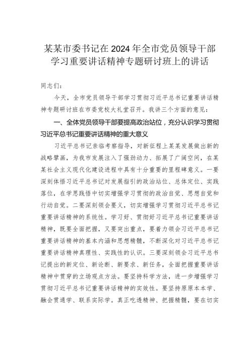 某某市委书记在2024年全市党员领导干部学习重要讲话精神专题研讨班上的讲话.docx