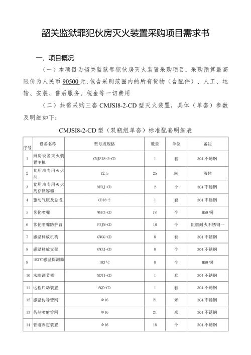 韶关监狱罪犯伙房灭火装置采购项目需求书.docx