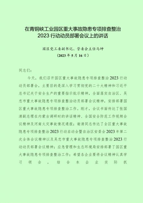 在青铜峡工业园区重大事故隐患专项排查整治2023行动动员部署会议上的讲话.docx