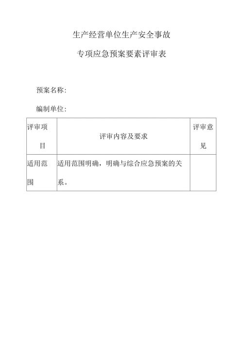 生产经营单位生产安全事故专项应急预案要素评审表.docx