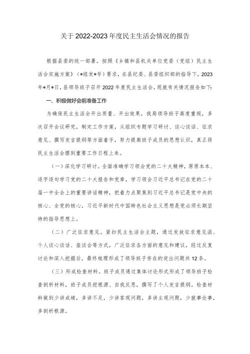 关于20222023民主生活会情况的报告.docx