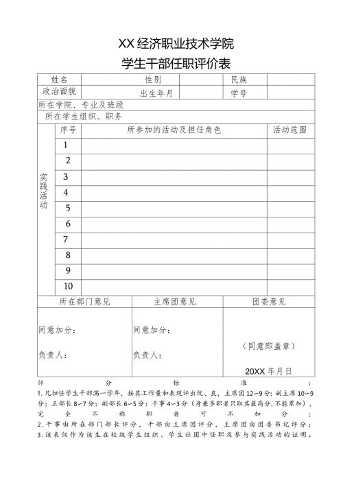 XX经济职业技术学院学生干部任职评价表（2024年）.docx