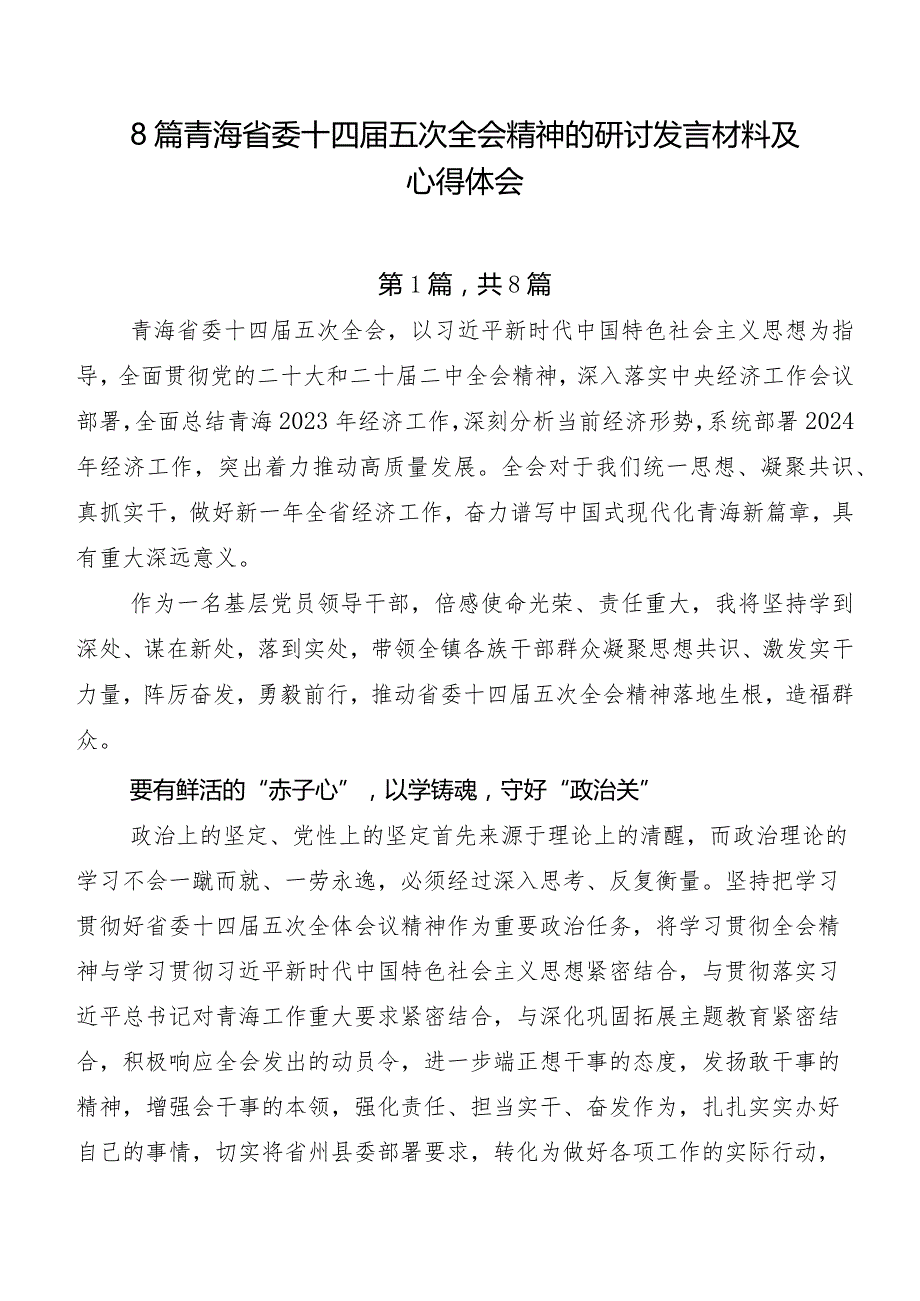 8篇青海省委十四五次全会精神的研讨发言材料及心得体会.docx_第1页