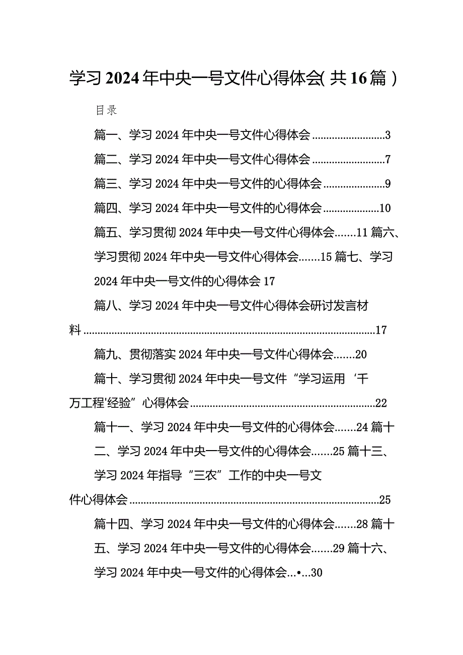学习2024年中央一号文件心得体会范文16篇（最新版）.docx_第1页