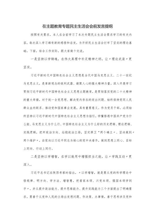 在主题教育专题民主生活会会前发言提纲.docx