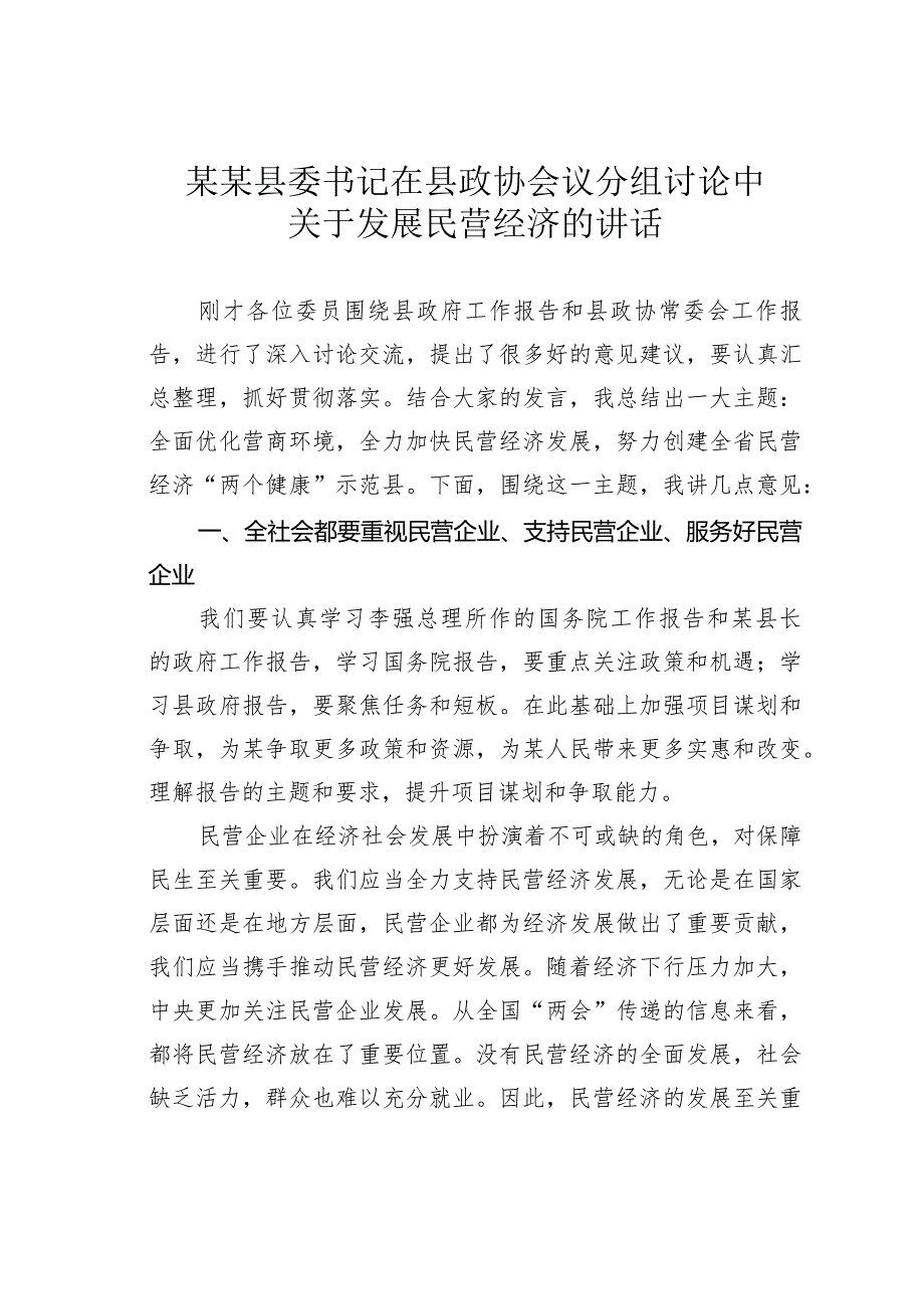 某某县委书记在县政协会议分组讨论中关于发展民营经济的讲话.docx_第1页