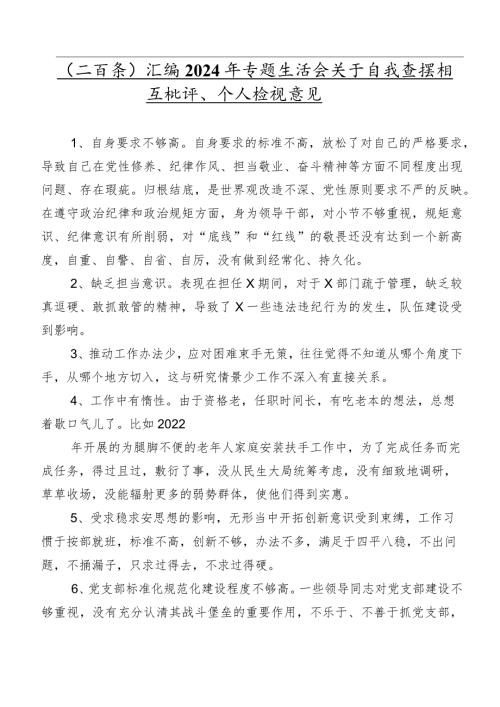 （二百条）汇编2024年专题生活会关于自我查摆相互批评、个人检视意见.docx