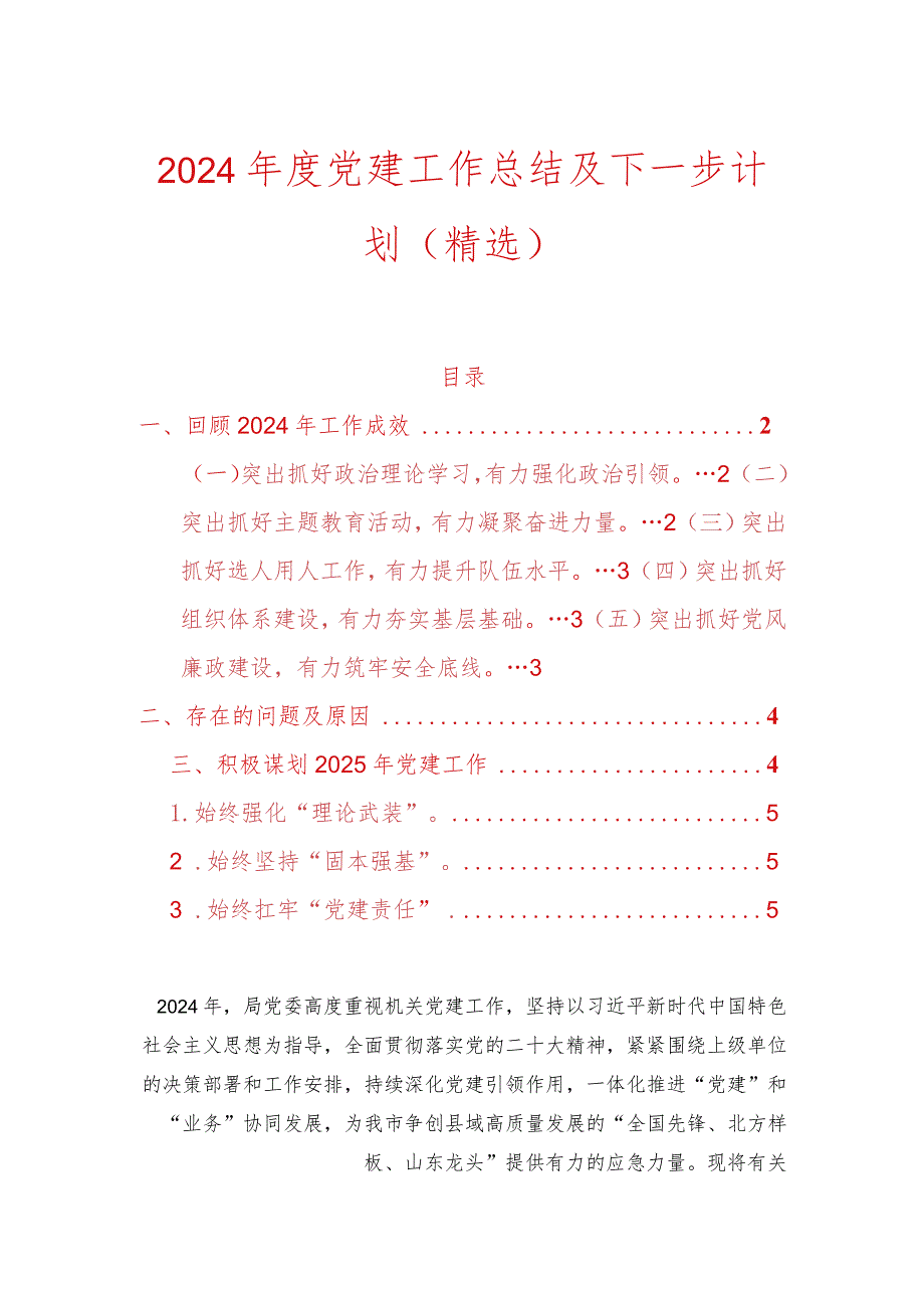 2024党建工作总结及下一步计划（精选）.docx_第1页